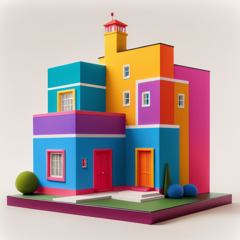 Vinil toy para Niño de 5 años xd una casa inspirada en la arquitectura de Luis Barragán y las pinturas de Escher con colores vibrantes colocado como si fuera una obra de arte contemporáneo. Encapsulado en resina.