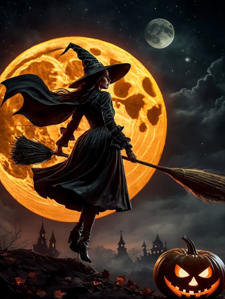 cene of pumpkins for Halloween, dramatic lighting at night, around the pumpkin, but in the night sky the silhouette of a witch flying on a broomstick, a bloody moon with the correct structure and stars. Depth of field.