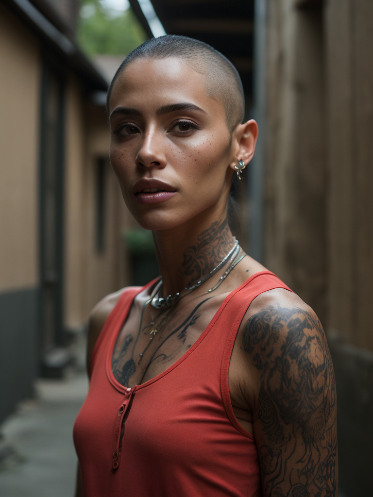 beautiful indigenous teen girl, buzz cut, tattoos, gang member, sleeveless red shirt,in an alley