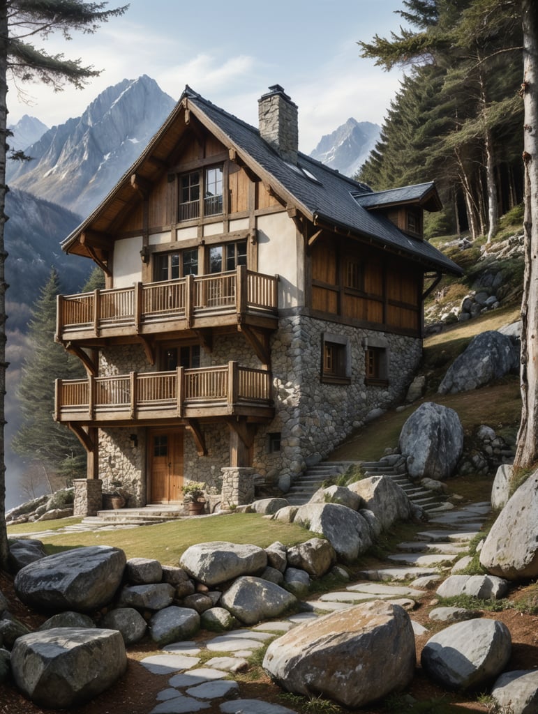 Watercolour sketch of a very small mountain timber frame house, timber, rock, Stone modern, muted colours, by Jean-baptiste Monge