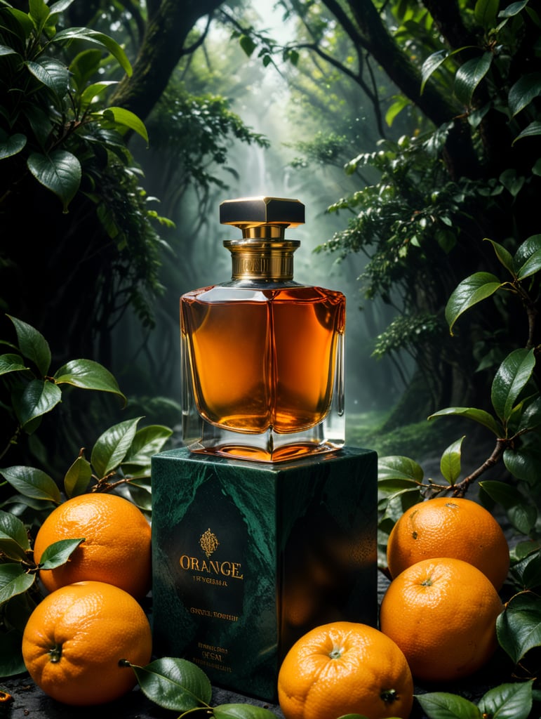 professional photography of a luxury perfume, orange fruits around, orange forest, green satin scarf, no label, clear, mockup