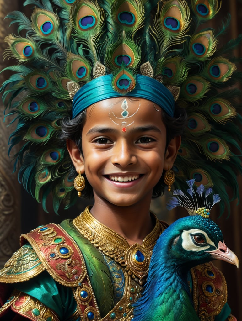 Create smiling boy as krishna with peacock