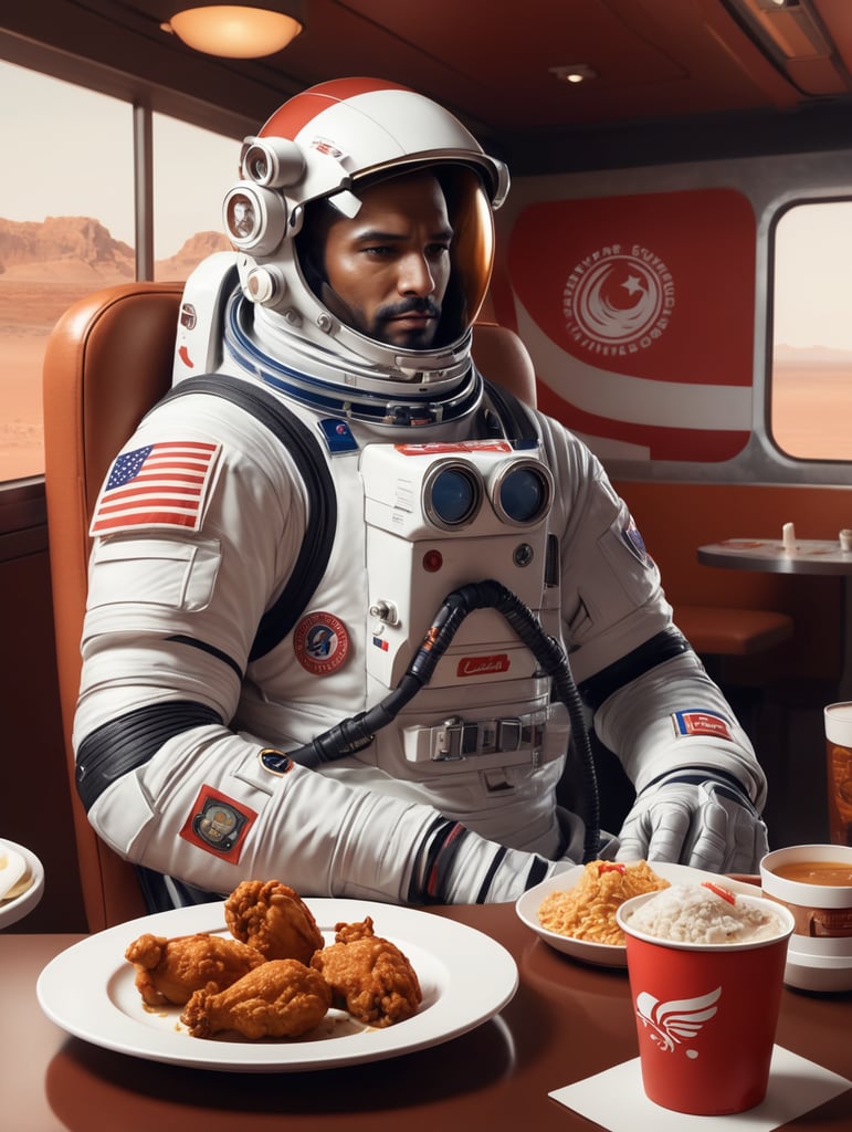 An astronaut sitting in a bistro on the surface of Mars, Turkish flag emblem on his shoulder, KFC chicken drumstick in his hand, realistic, high detail