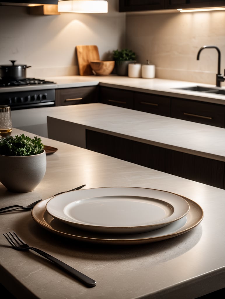 modern kitchen table, empty plate, mockup