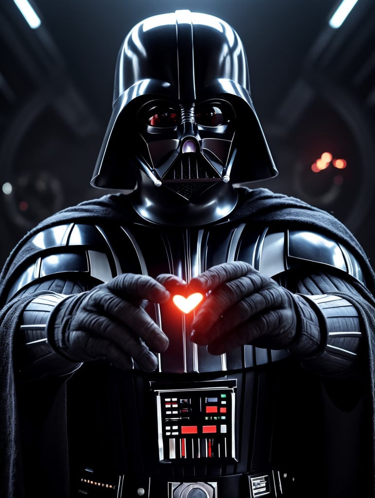 Darth Vader making hand heart gesture using his hand and luke skywalker's hand to the Death Star