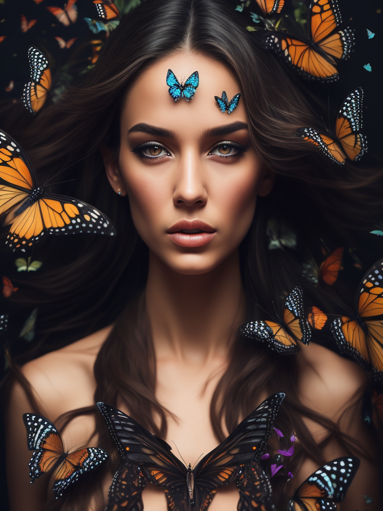Portrait of a woman with many butterflies in her hair, Tears are flowing from the woman's eyes, butterflies are trying to please the woman