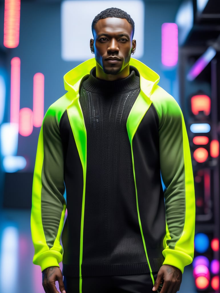 Cyborg black man wearing black crewneck sweater, in a studio for a photo shoot, bright colours, high contrast, contrast lights