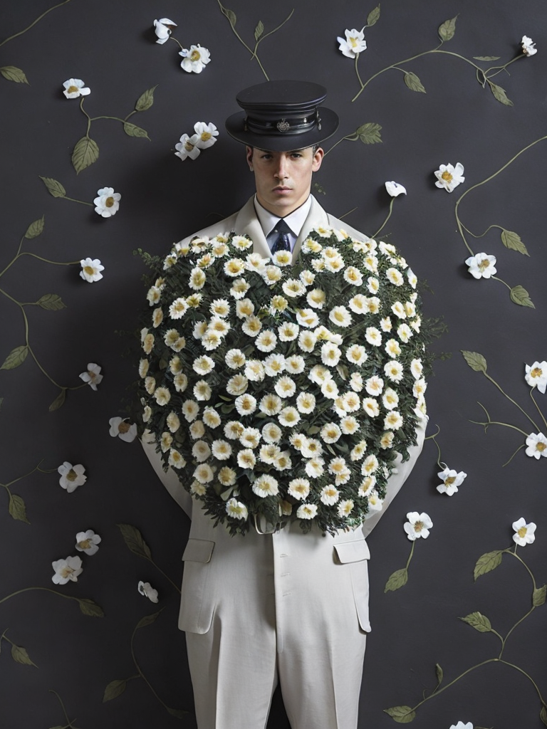 Man with body covered by flowers, painted by rené magritte