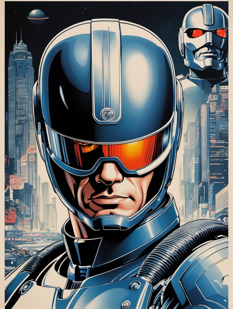Robocop 1984 style eye-catching poster-style drawing and illustration representing the iconic pulp style