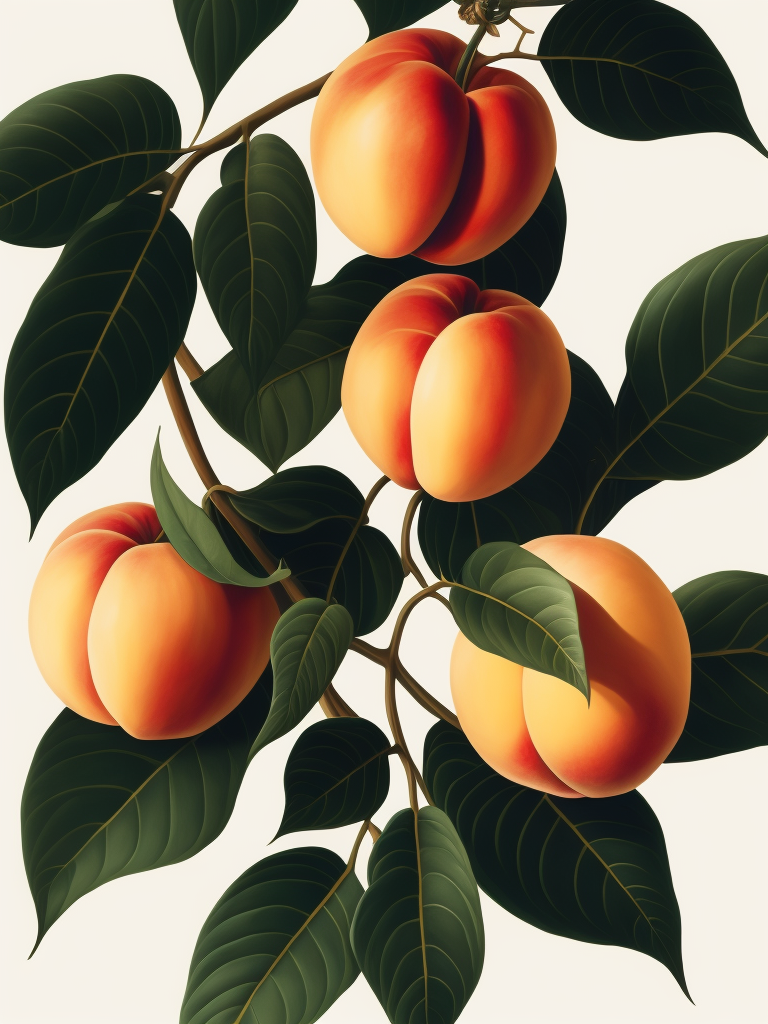 Peaches With Leaves, Flat, Tamara Lempicka, White Background, Art Deco, Photoillustration