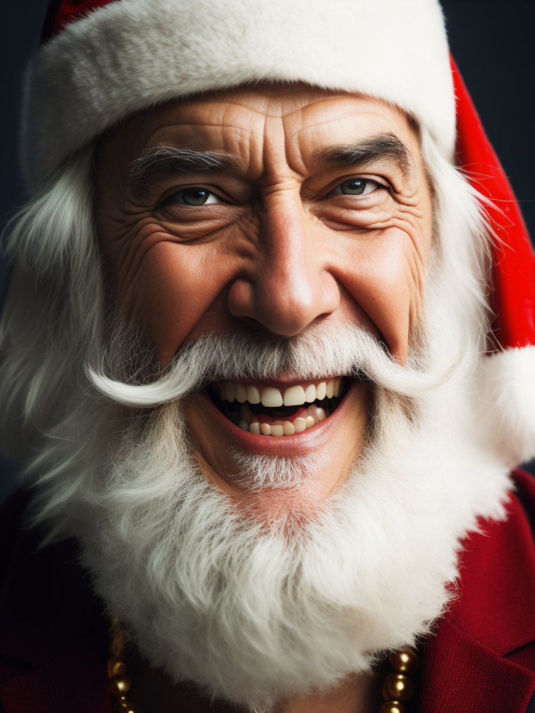 Portrait of happy Santa Claus smiling with bright and saturated colors, elegant, highly detailed, vogue, fashion magazine, sharp focus, bright expressive makeup, dramatic lighting, depth of field, incredibly high detailed, blurred background