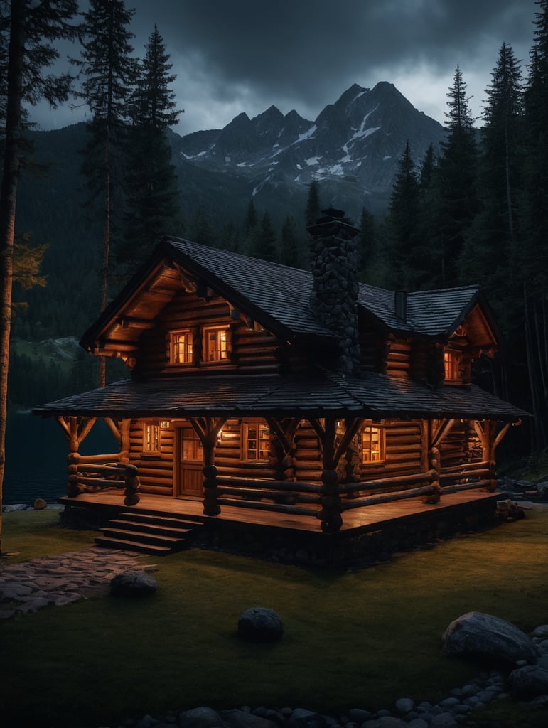Professional evening photo of a small and cozy Log mountain cabin, mountains, lake, forest