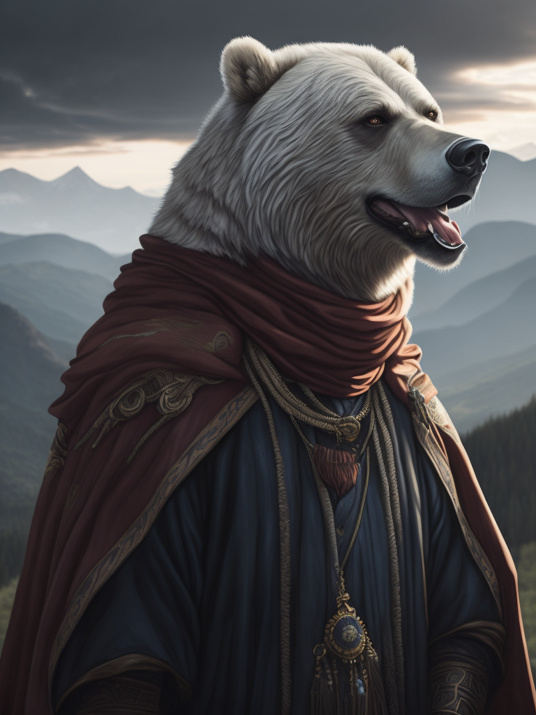 Portrait, human male, shaman, nomad, well-traveled, flowing robes, neck scarf covering mouth, long staff in right hand, empty hand reaching, ethereal ghost of roaring grizzly bear in background, intense blue cloudy sky, dramatic lighting, depth of field, incredibly high detailed