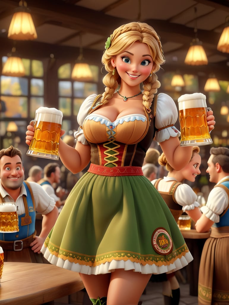 Woman pub waitress with big breasts in German traditional costume with Oktoberfest beer mugs, Oktoberfest girl in Bavarian dirndl