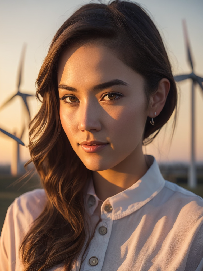 realistic detailed photography of a young woman engineer with wind farm in the background at sunrise