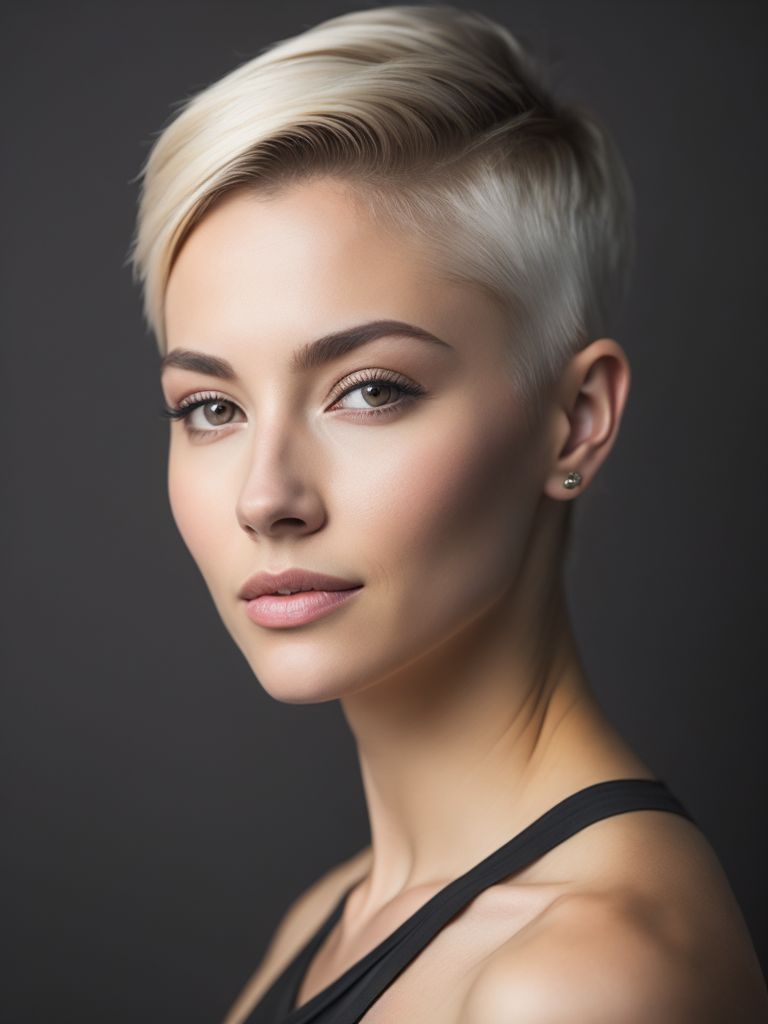 a 42 yo woman, blonde, (hi-top fade:1.3), dark theme, soothing tones, muted colors, high contrast, (natural skin texture, hyperrealism, soft light, sharp)