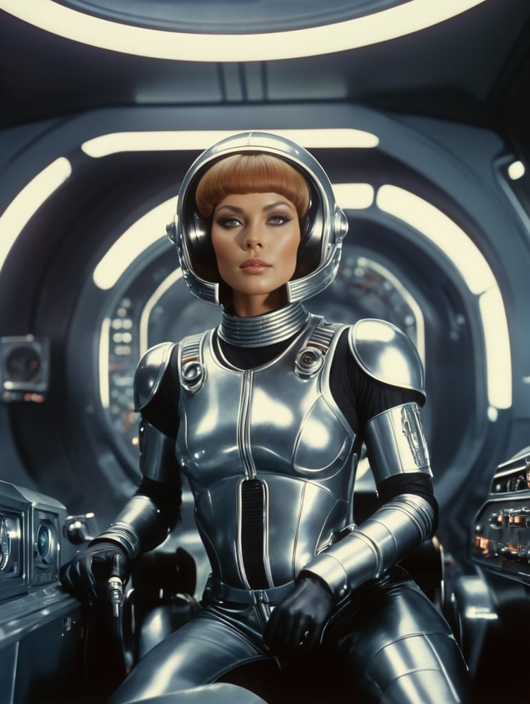 as a female cyborg, 70's sci fi, film grab, retrofuturistic, she's piloting a spaceship, 50mm, wide shot, fully body shot, Kodachrome, 1977, visible film grain