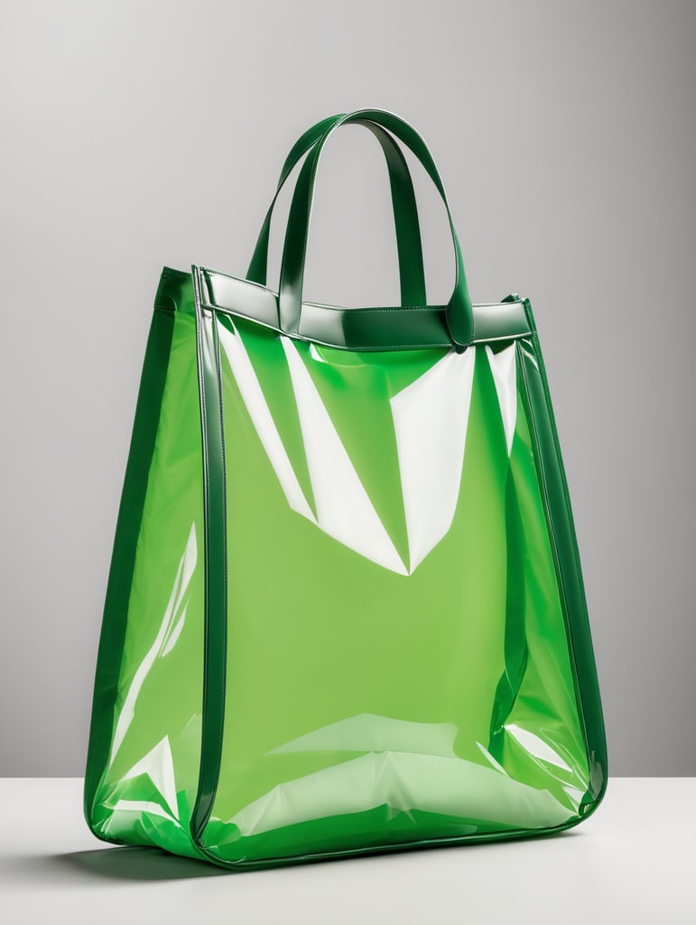 Inflatable vibrant green minimalist women's bag, transparent, isolated, grey background, mockup