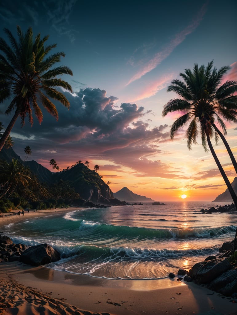 a beach with an unsharp background with sunset vibrant colors nature art scenic horizon skyline views artistic beauty colorful scenery nature photography sunset inspiration. A palm tree on the left side of the screen covering 1 3 of the screeen