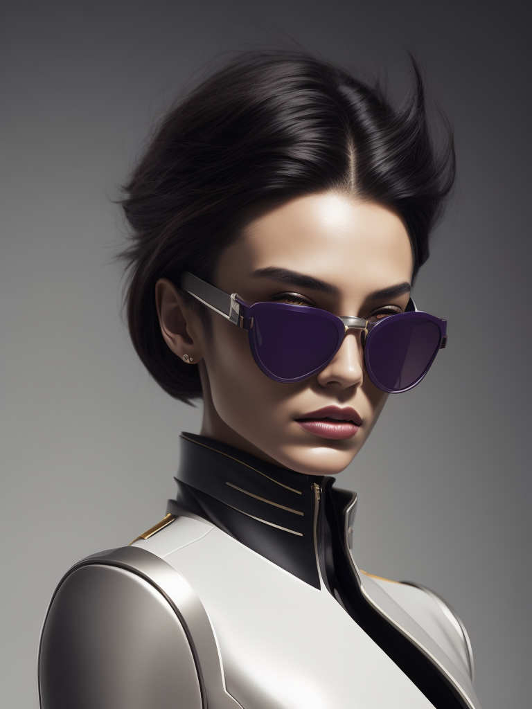 extremely detailed real photo with complex small details: thin beautifull super model in an elegant purple minimalistic suit couture, yellow details on uniform, clean grey color background, modern 1950's tight suit, wearing blow up sunglasses with futuristic see throug glass visor on top, hyper realistic, colored sharp lips, skin texture detailed, scifi, editorial fashion, Futuristic art, real person, futuristic fashion, sharp lines, light sources from above, cinematic lighting, smooth color grading, dynamic white, award winning photo, editorial photography, shot with PhaseOne camera