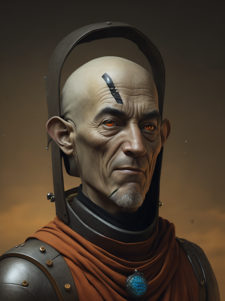 Cyborg Monk, in the style of Hieronymus Bosch