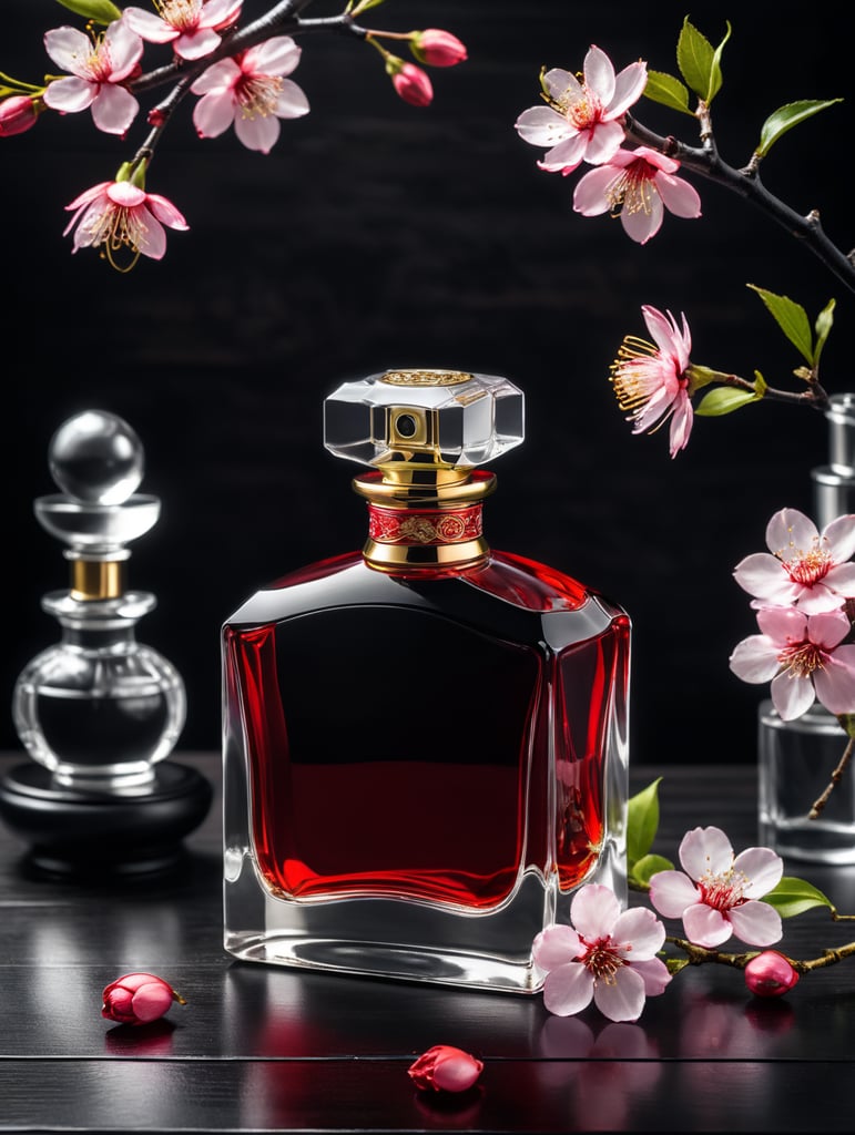 professional photography of a luxury perfume bottle on a black wooden desk, red satin scarf and sakura blossom in the background, no label, clear, mockup