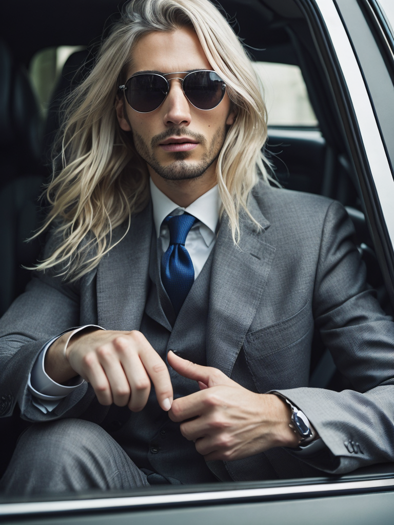 man with silver long hair and gray eyes in a gray business suit is driving an expensive car is in a traffic jam, style of Miles Aldridge