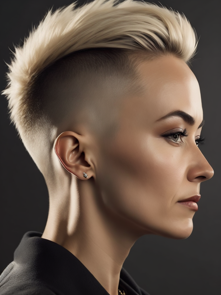 a 42 yo woman, blonde, (hi-top fade:1.3), dark theme, soothing tones, muted colors, high contrast, (natural skin texture, hyperrealism, soft light, sharp)