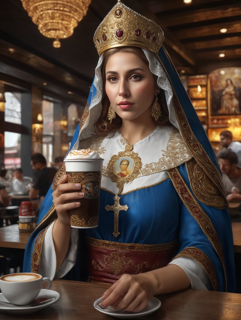 Hyper detailed Virgen maria portrait hyper realistic drinking cafe, cup of coffee in the hand, modern background