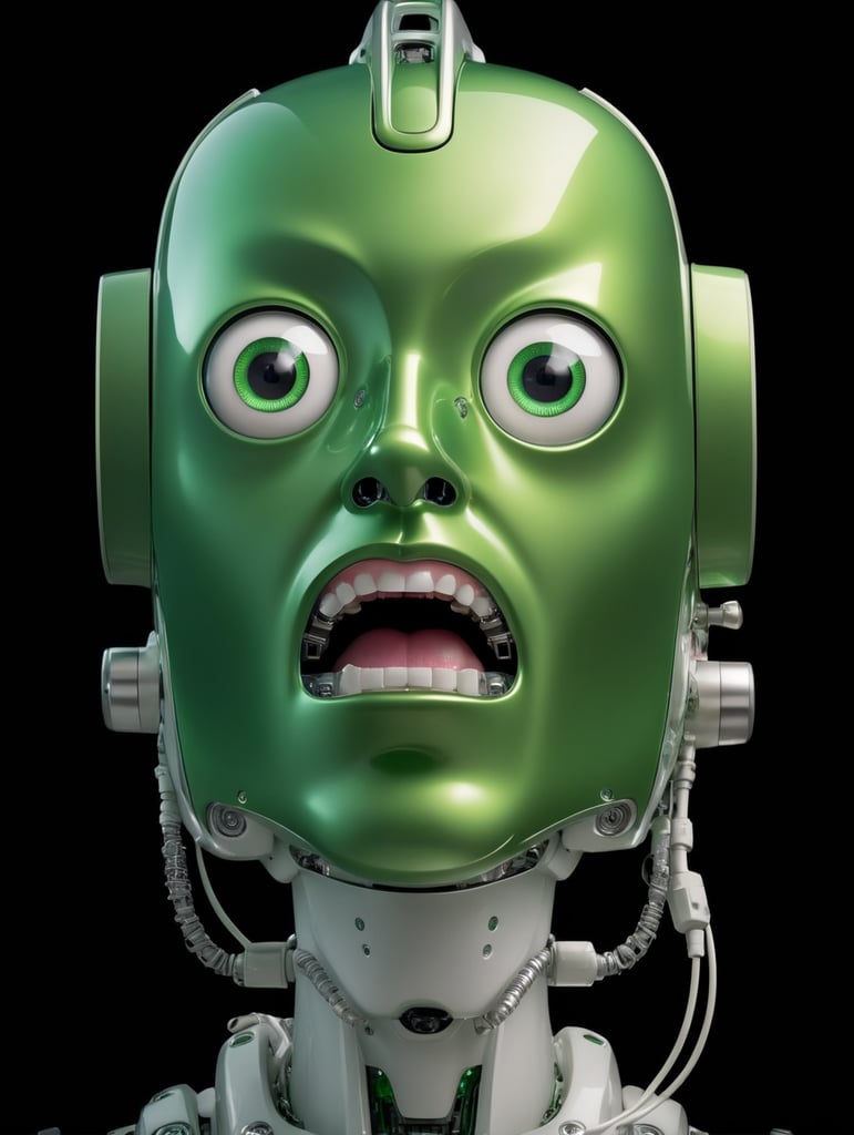 shocked face expression robot, a robot who looks like it's from the future, in the style of thomas sully, green, emotive portraiture, craig mccracken, john larriva, shiny glossy, square eyes