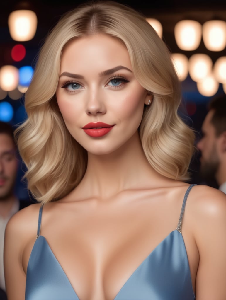 Beautiful elizabeth elson,slim face, light red lips, downblouse, blonde, with perfact curves, wearing plain blue colored Cocktail Dress, wstanding in a club, 4k,