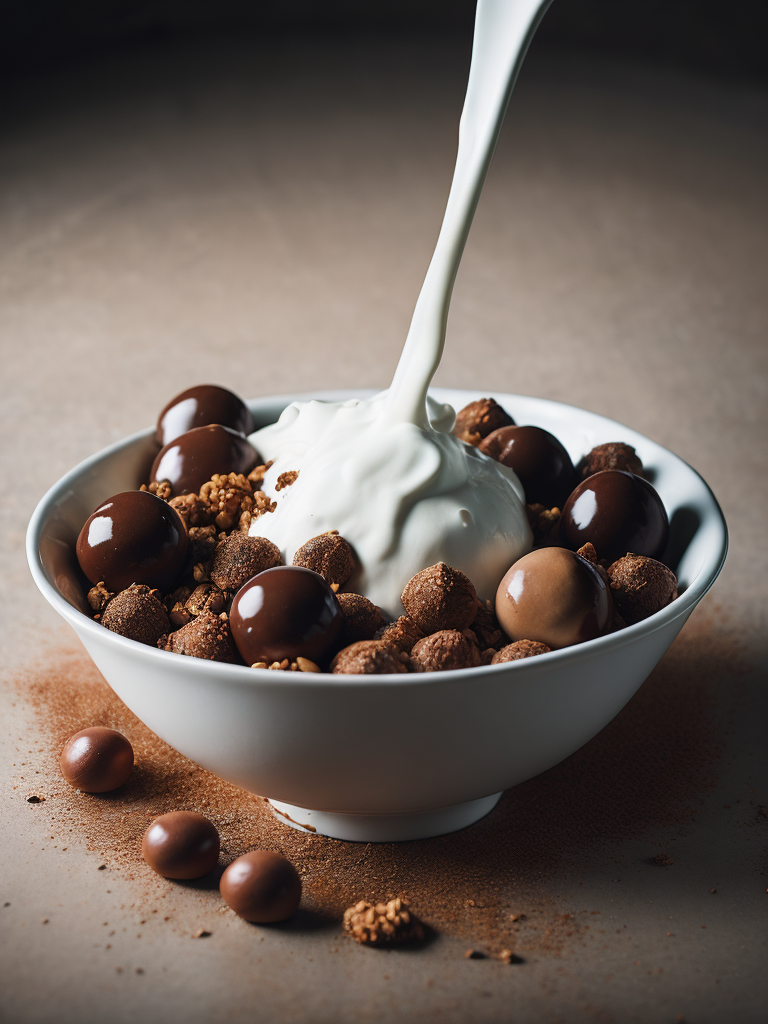 A white porcelain bowl splashing Milk and chocolate cereal balls