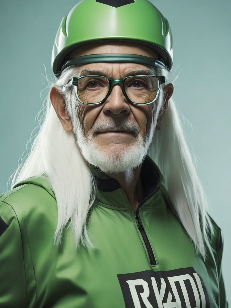 a gnome from fairytale 76 years old wearing a neon green helmet dressed in athletic clothing and glasses, in the style of futuristic glam, retro futurism, neon green clothing, glasses without color, clear glass, long white hair, teal background, mike campau, anton fadeev, high gloss, mono-ha