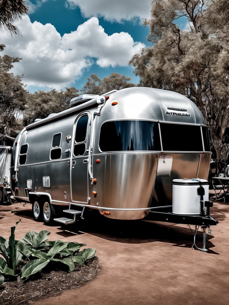 Airstream camping trailers, batik, intricate details, surreal, Alien, Cyberpunk Trashcore Style, s 1000