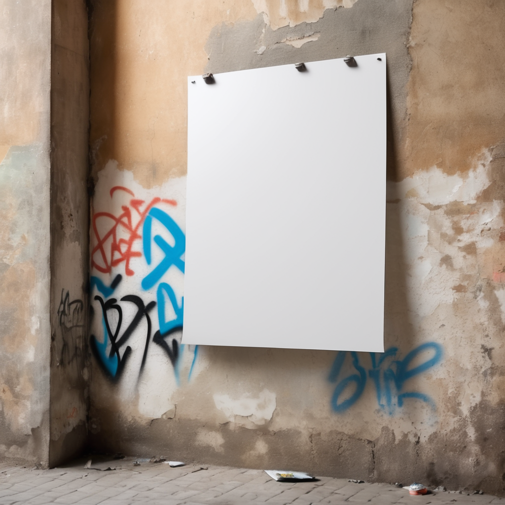 a white blank poster hangs on an old shabby wall with graffiti, the corner of the poster is bent, people are blurred, daylight, mockup, mock up