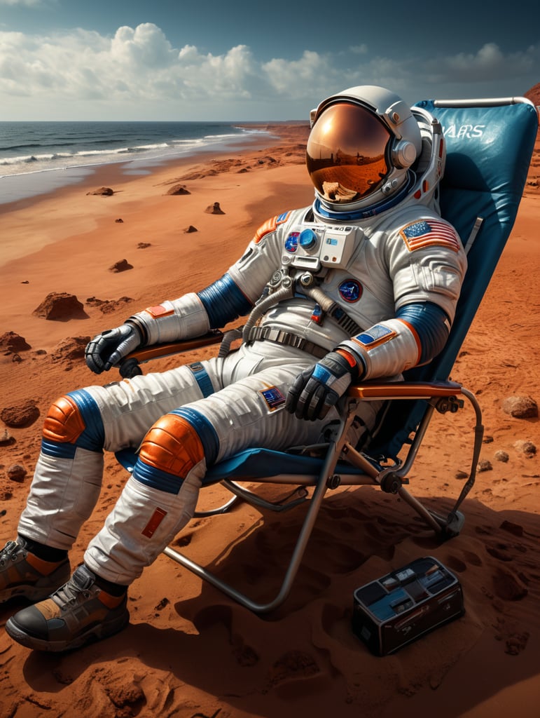 an astronaut resting on mars in a beach chair, photo