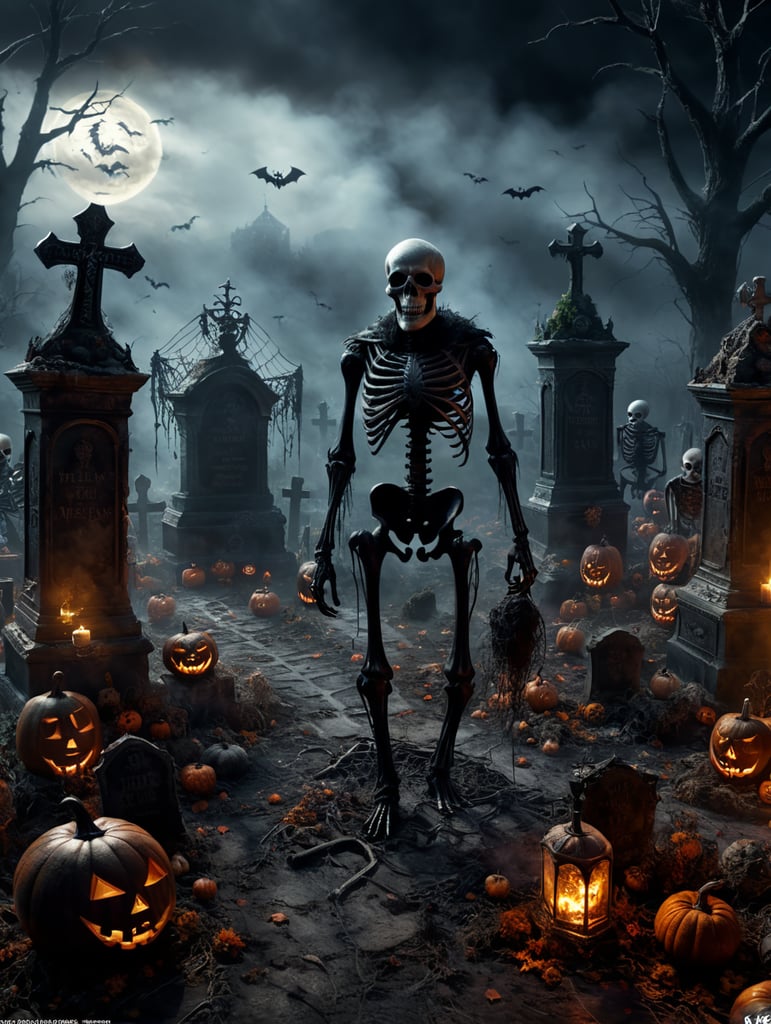 Dark Halloween scene, with skeletons, spider webs, smoke, and graveyard 4k