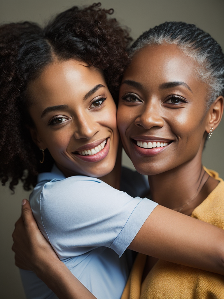 African-american woman smiling, embracing granddaughter, highly detailed, sharp focus, dramatic lighting, depth of field, light color background