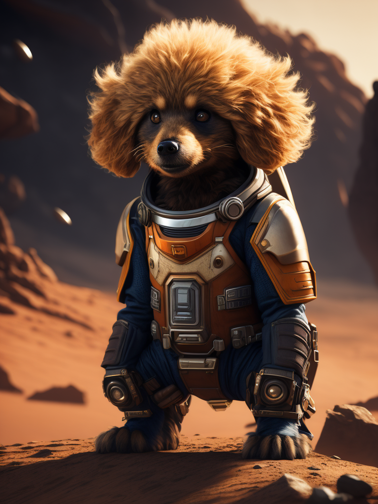 A curly poodle like a Rocket Raccoon from Guardians of the Galaxy wearing astronaut costume on the Mars