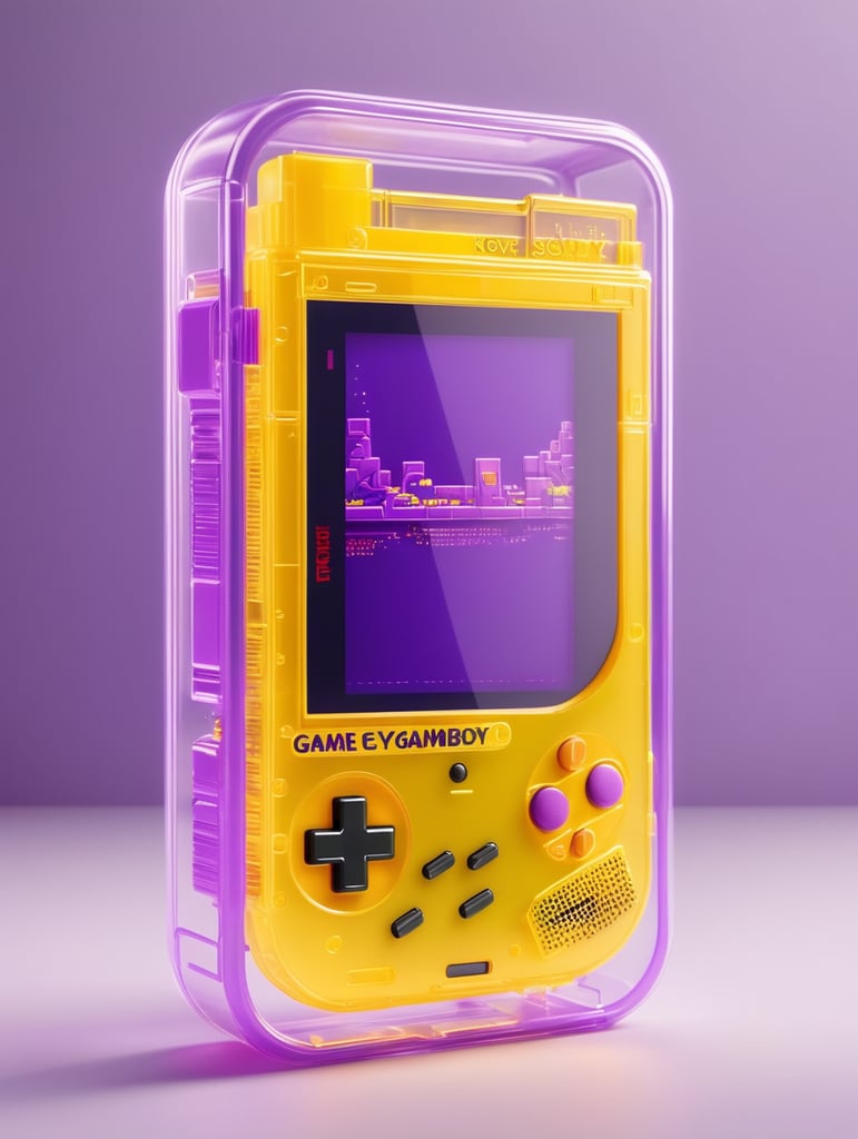 3d render retro tiny cute yellow game boy translucent plastic case, neon light, purple background