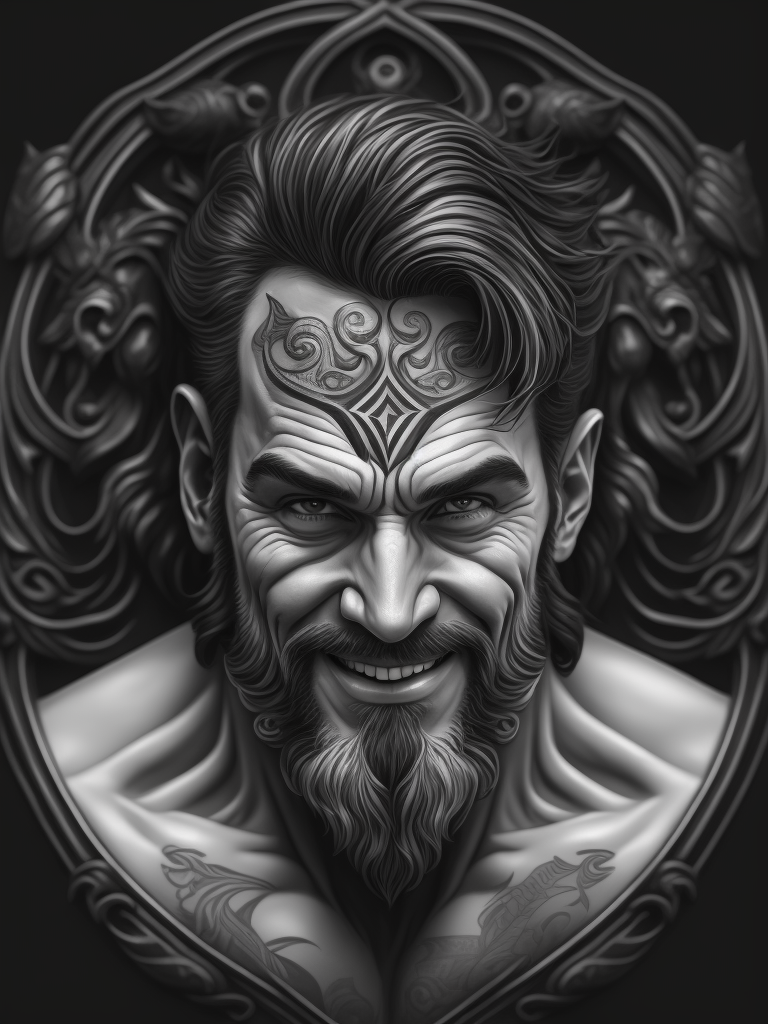 A vector art of a gentle and smiling Hercules head tattoo, black and white