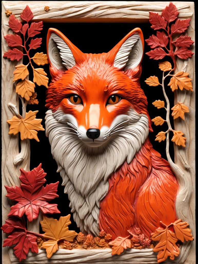 Envision a playful red fox in 3D bas-relief, its bushy tail and mischievous eyes full of charm. The piece showcases an autumn forest scene, with vibrant reds and oranges, and a forest floor border covered in fallen leaves.