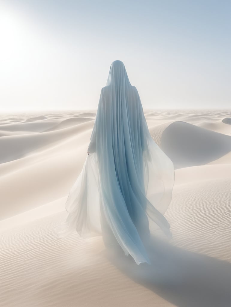 view from behind(((ethereal misty blue cloaked woman figure))), clad in light tones, advancing through a (((dunescape))) under a (rising sun), with (vast, silvery sand dunes) reflecting an otherworldly light around its surroundings, abstract art