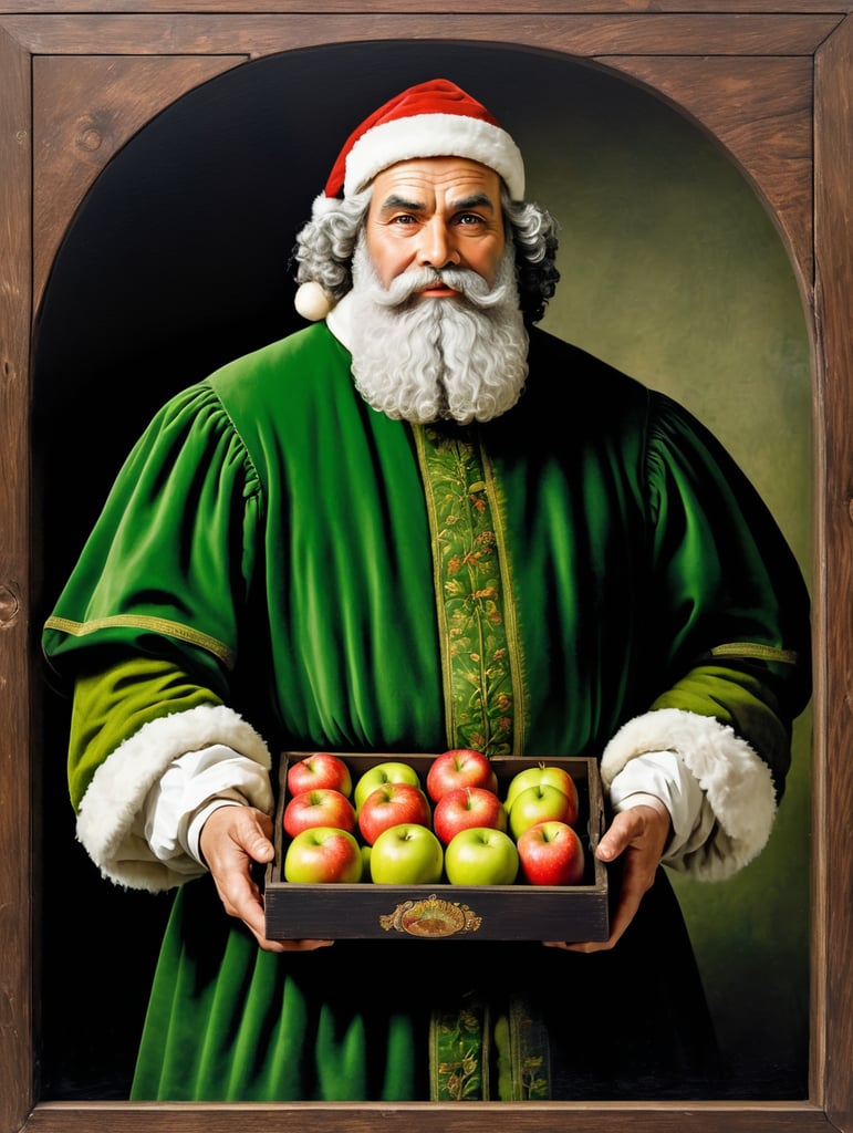 Portrait of an Italian Santa Claus in 17th century clothing holding a box of ripe apples. The apples have the right texture and green color. The box is made of dark wood with a beautiful texture.