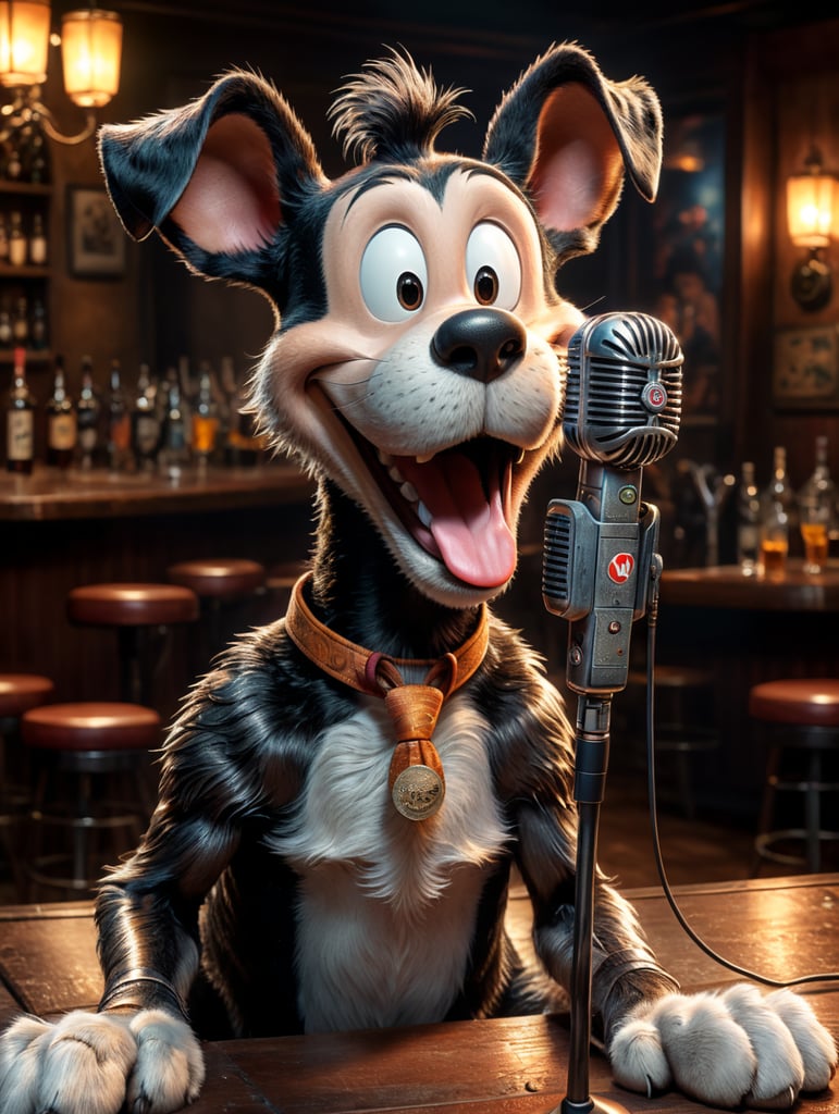 Гу́фи (англ. Goofy — недалекий, бестолковый) — мультипликационный персонаж, герой мультфильмов Уолта Диснея, созданный в 1932 году. Гуфи — антропоморфный пёс, с длинными ушами, один из лучших друзей Микки Мауса и Дональда Дака. Создать картинку, где главный герой поет песни в баре, в лапе микрофон, стиль 90-е года