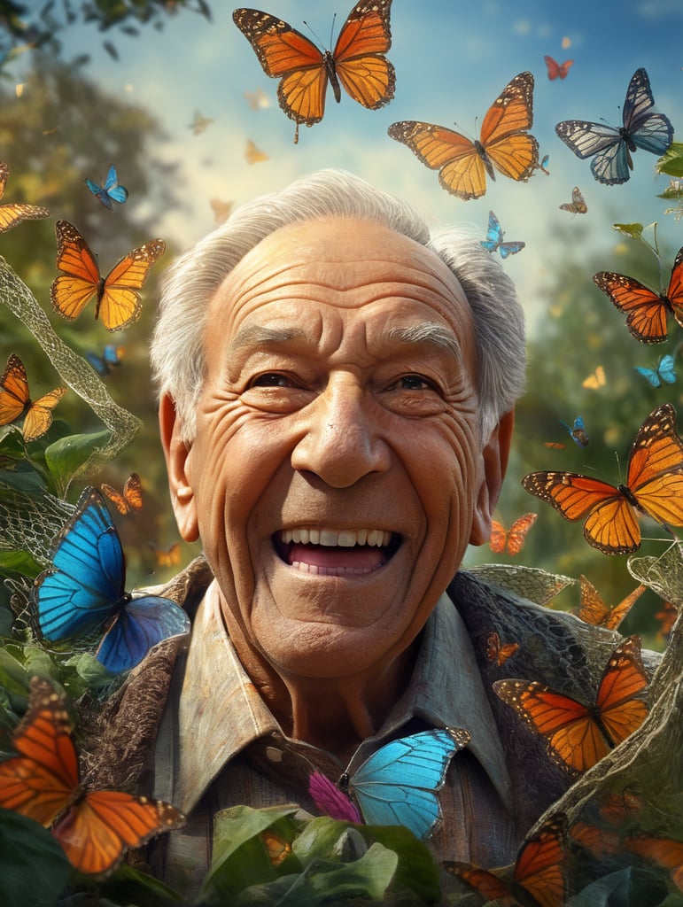 Happy elder man with wrinkled face, chases butterflies with a net, incredibly high detailed, blurred background, vivid saturated colors, contrast color