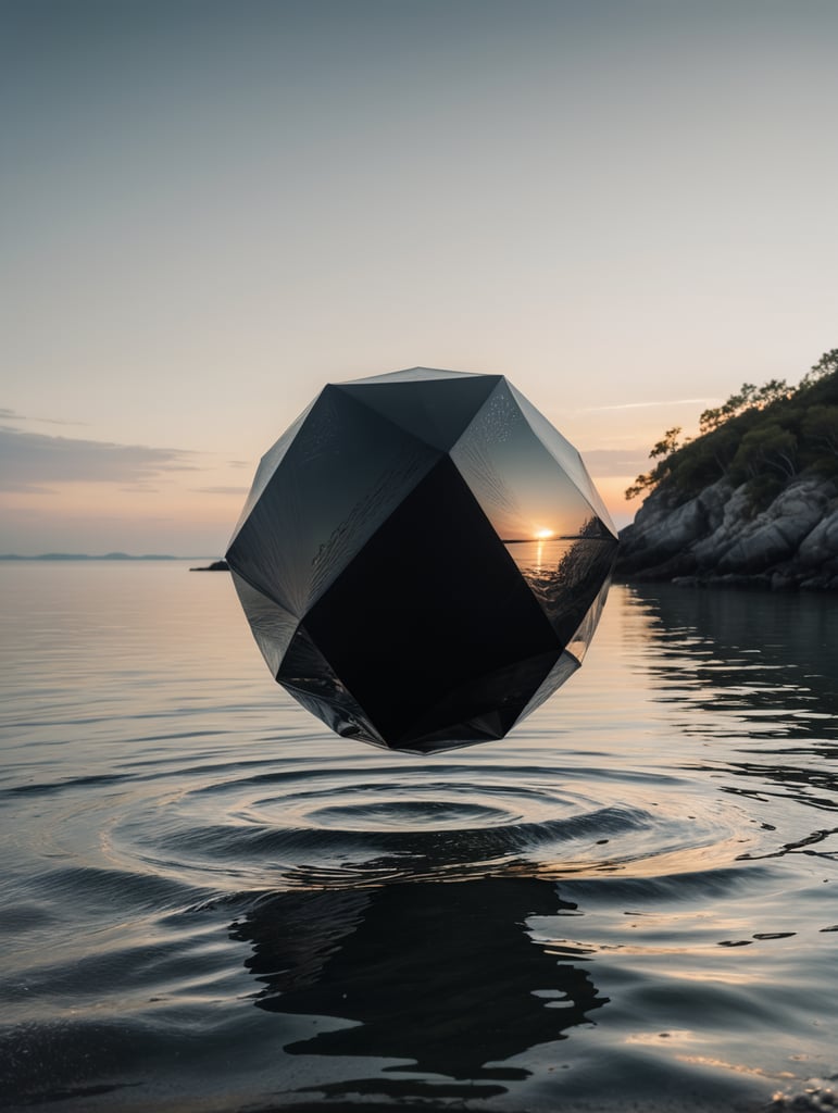 minimal, simple black reflective rocky object flying inches above the water, just the horizon and water on the background