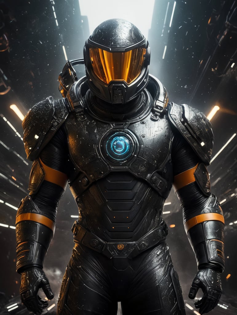 Space Viking, modern space suit style,NO HELEMT, Human face , bigger body size, black portal with with energy light, neon suit, cyber punk, darken, meteorite, spaceship, meteorite rain, energy blast, black suit with black details, with an infinite sign in front