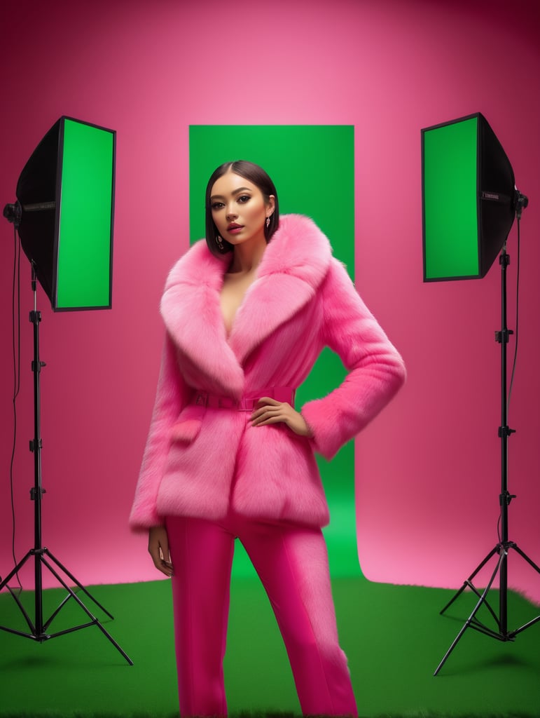 a babe in a pink fur suits poses in front of a green screen, in the style of bold, graphic lines, hyper-realistic pop, natalia rak, manticore, michael page, vibrant stage backdrops, kodak plus-x