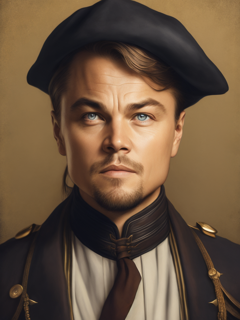Portrait of Leonardo DiCaprio as a 17th century ship captain, Detailed uniform, Brass buttons, gradient background, contrasting light, detailed face, muted tones